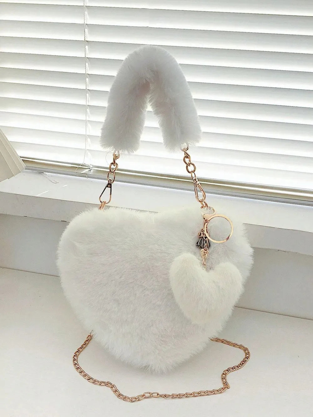 Heart Shape Faux Fur Handbag - handbags by Trendsi | Available at Handbags Specialist Headquarter