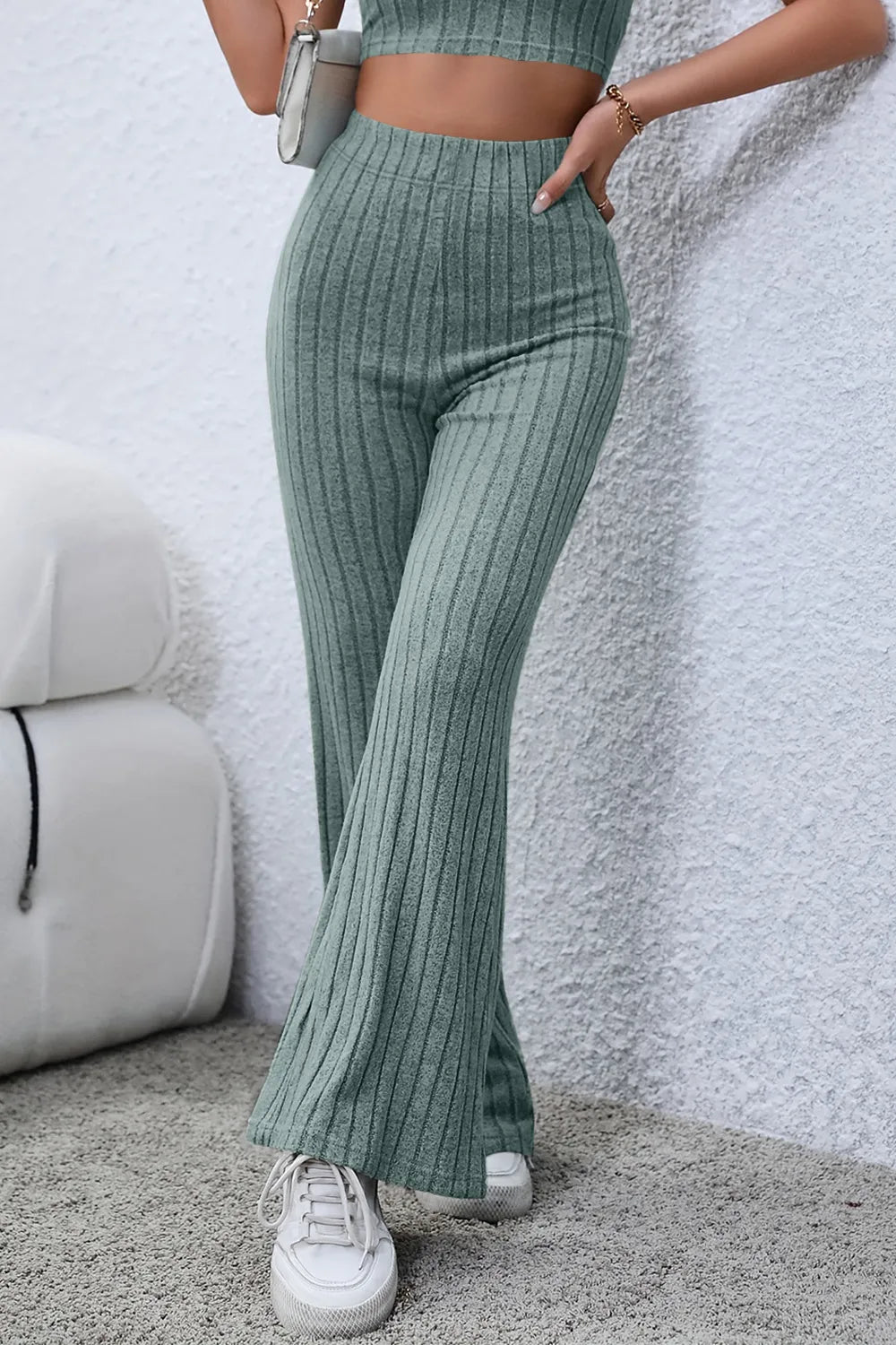 Basic Bae Full Size Ribbed High Waist Flare Pants - Women Pants by Trendsi | Available at Handbags Specialist Headquarter