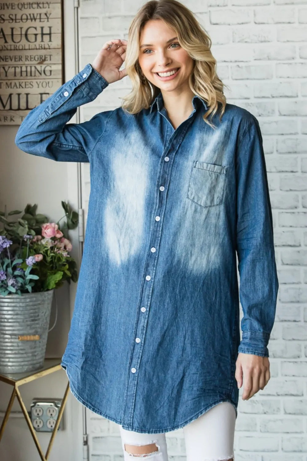 Veveret Pocketed Button Up Washed Denim Shirt - Women / Jeans & Denim by Trendsi | Available at Handbags Specialist Headquarter