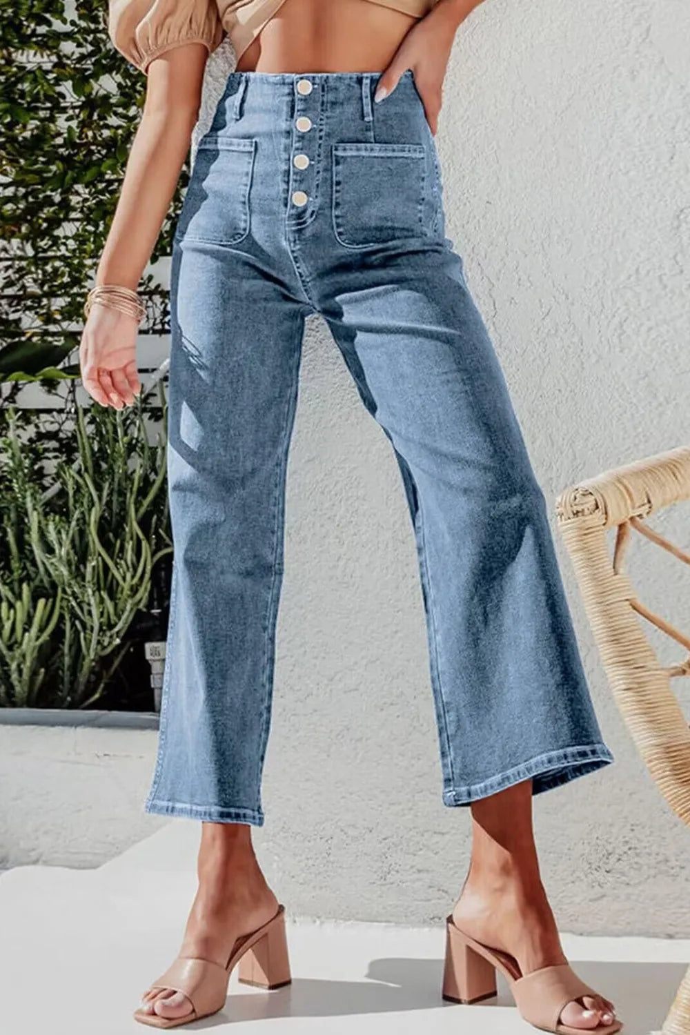 Button Fly Cropped Wide Leg Jeans - Women / Jeans & Denim by Trendsi | Available at Handbags Specialist Headquarter