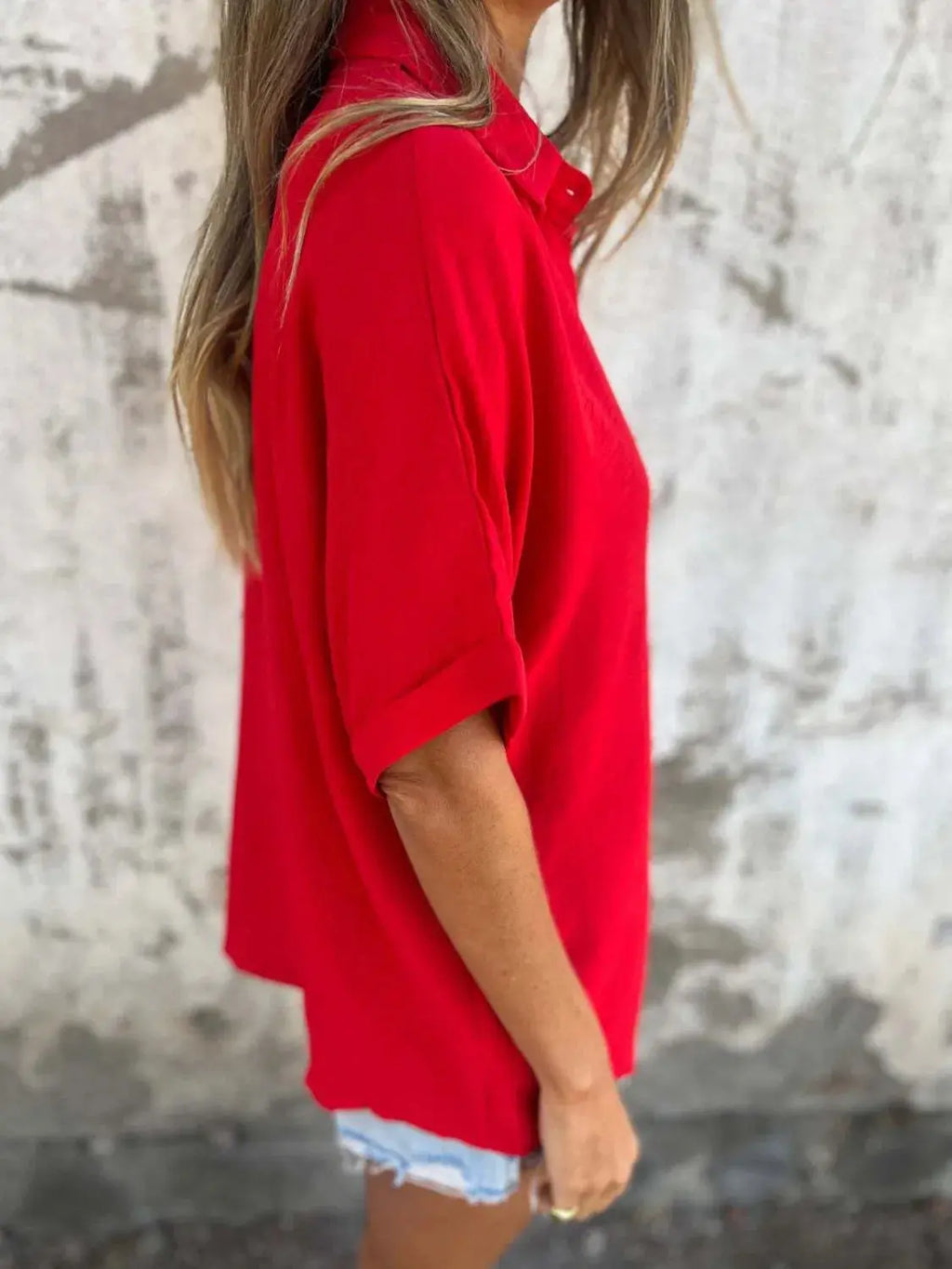 Full Size Collared Neck Half Sleeve Shirt Plus Size - Women Plus Size by Trendsi | Available at Handbags Specialist Headquarter