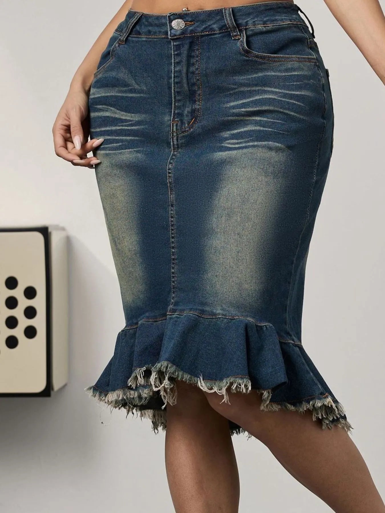 Raw Hem Mermaid Denim Skirt - Women / Jeans & Denim by Trendsi | Available at Handbags Specialist Headquarter