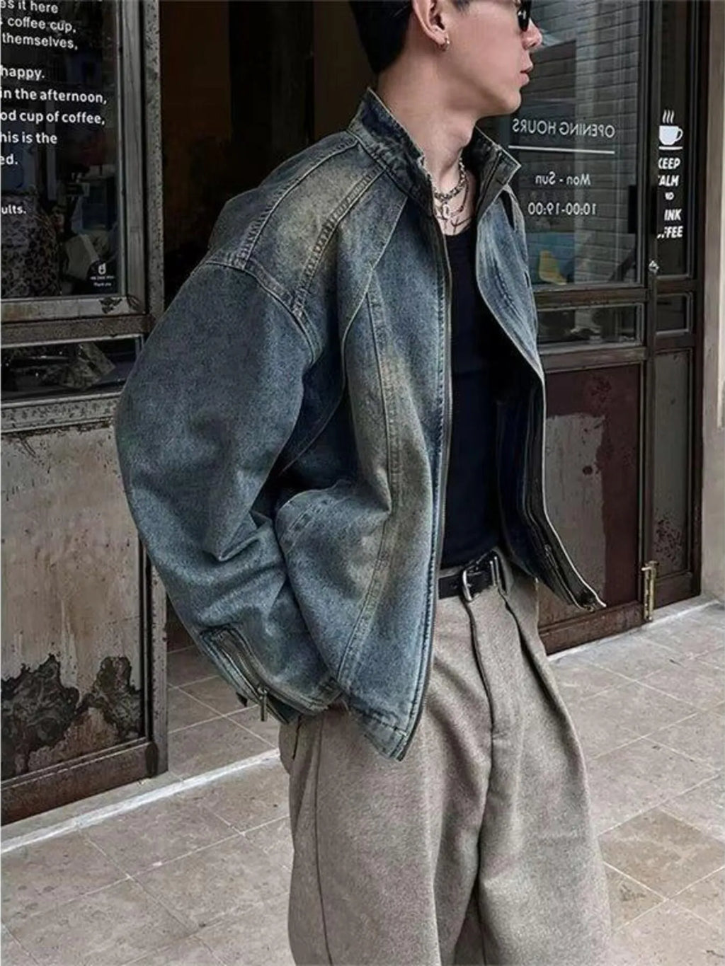 Men's Vintage Washed Denim Jacket with Classic Collar - Men's jackets by Trendsi | Available at Handbags Specialist Headquarter