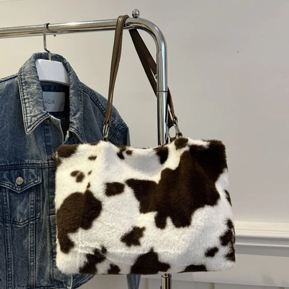 Cow Print Furry Tote Bag - Tote Bag by Trendsi | Available at Handbags Specialist Headquarter