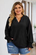 Plus Size Eyelet Notched Flounce Sleeve Blouse - Plus Size Shirts by Trendsi | Available at Handbags Specialist Headquarter