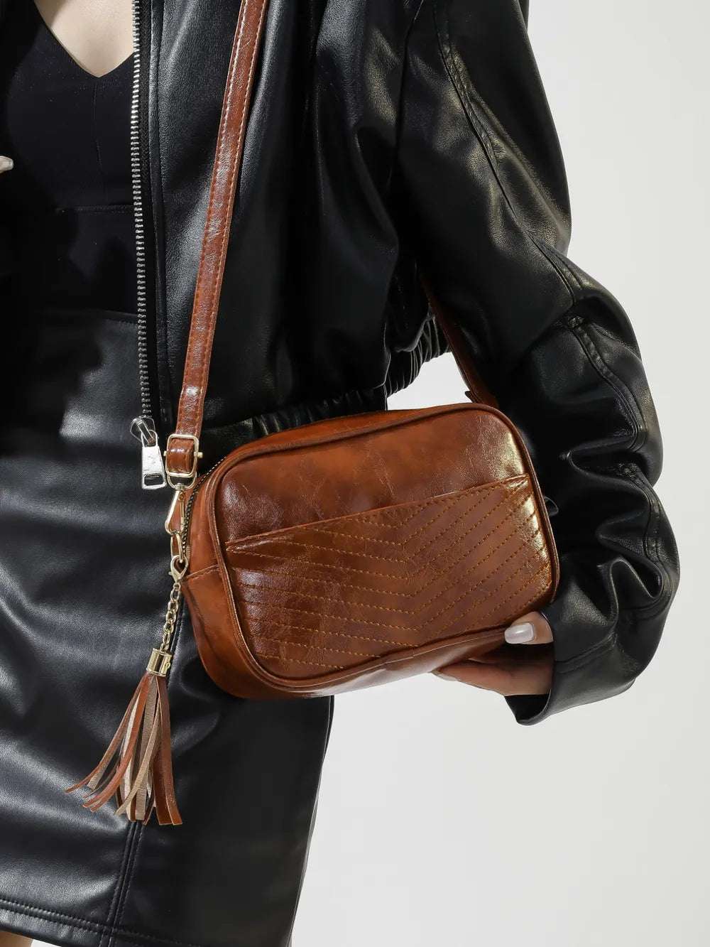 Tassel PU Leather Printed Strap Cassette Crossbody Bag - Crossbody Bag by Trendsi | Available at Handbags Specialist Headquarter