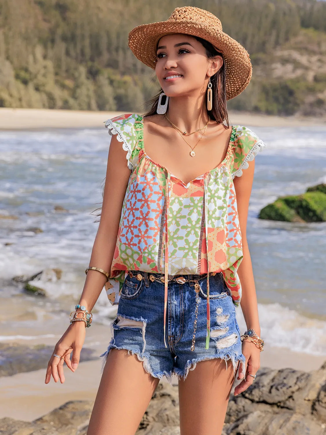 Lace Detail Printed Tie Neck Cap Sleeve Blouse - Tops by Trendsi | Available at Handbags Specialist Headquarter