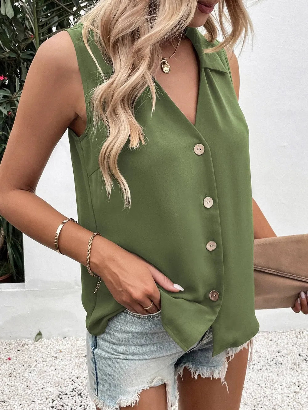 Full Size Johnny Collar Button Down Tank Plus Size - Dresses by Trendsi | Available at Handbags Specialist Headquarter