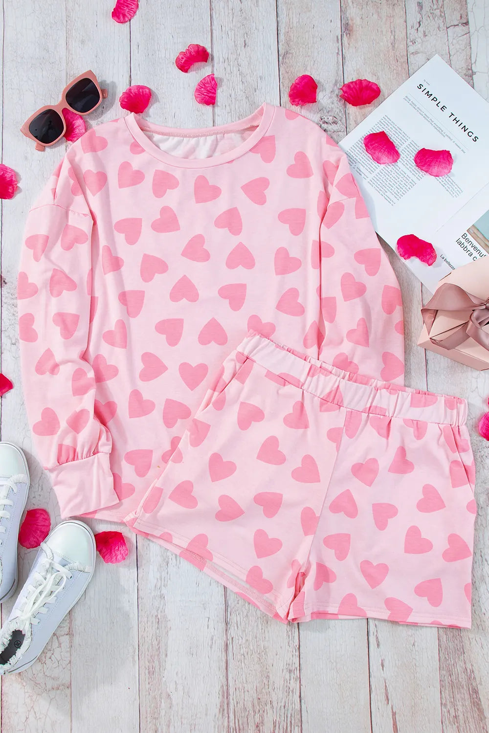 Heart Print Long Sleeve Top and Shorts Lounge Set - Sleepwear by Trendsi | Available at Handbags Specialist Headquarter