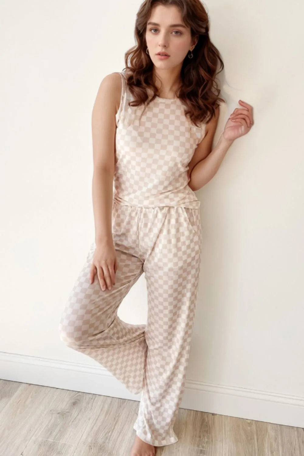 Ribbed Texture Checkered Print Tank and Pants Set - Sleepwear by Trendsi | Available at Handbags Specialist Headquarter