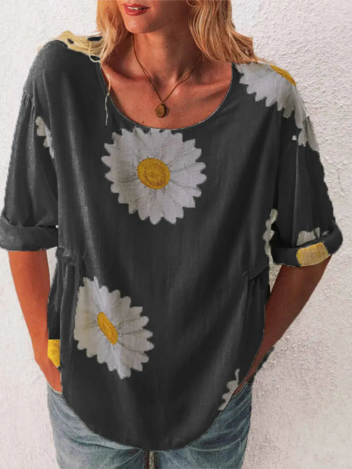 Full Size Flower Round Neck Half Sleeve T-Shirt Plus Size - Women Plus Size by Trendsi | Available at Handbags Specialist Headquarter