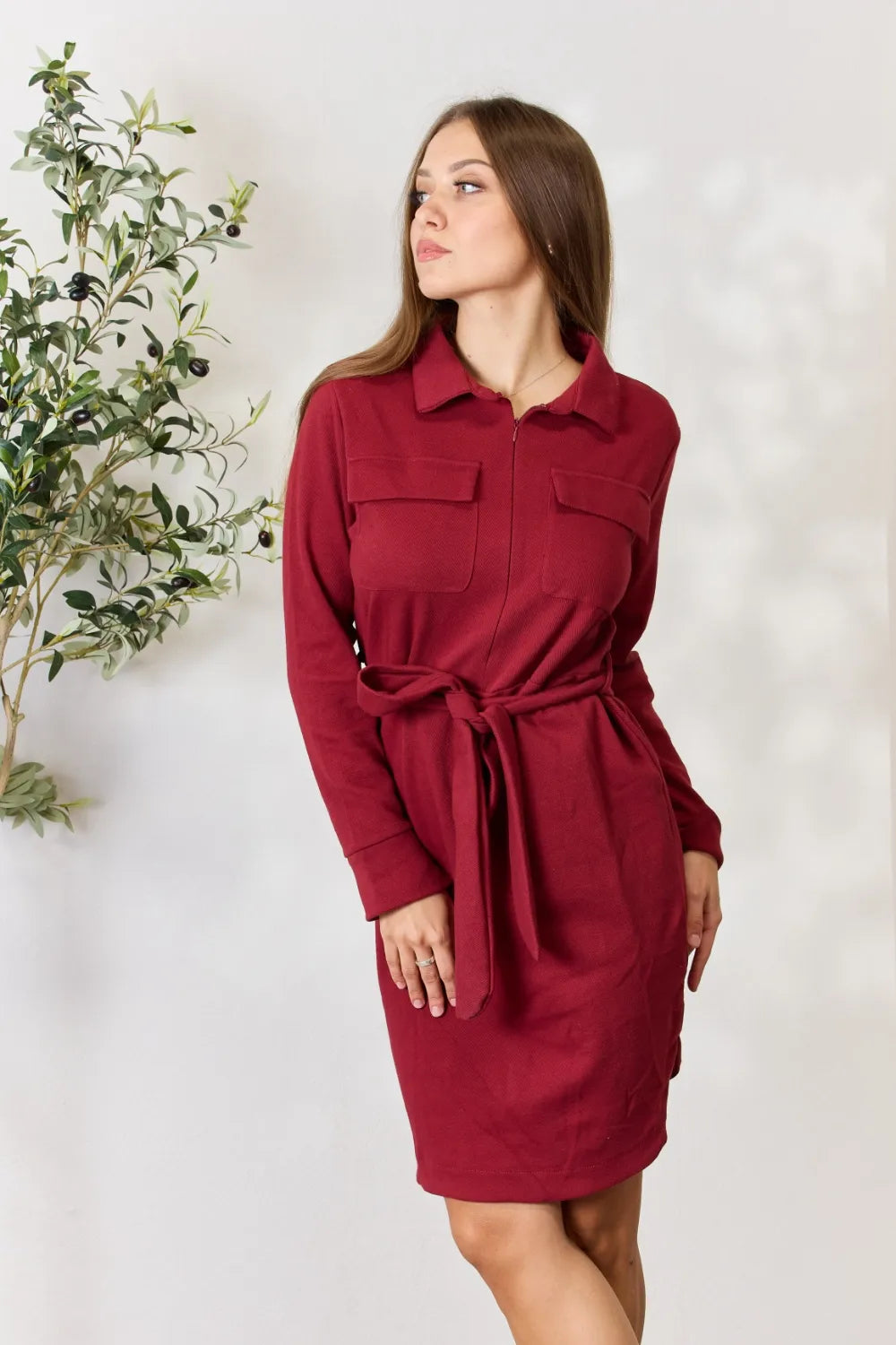 Culture Code Full Size Tie Front Half Zip Long Sleeve Shirt Dress - Dresses by Trendsi | Available at Handbags Specialist Headquarter