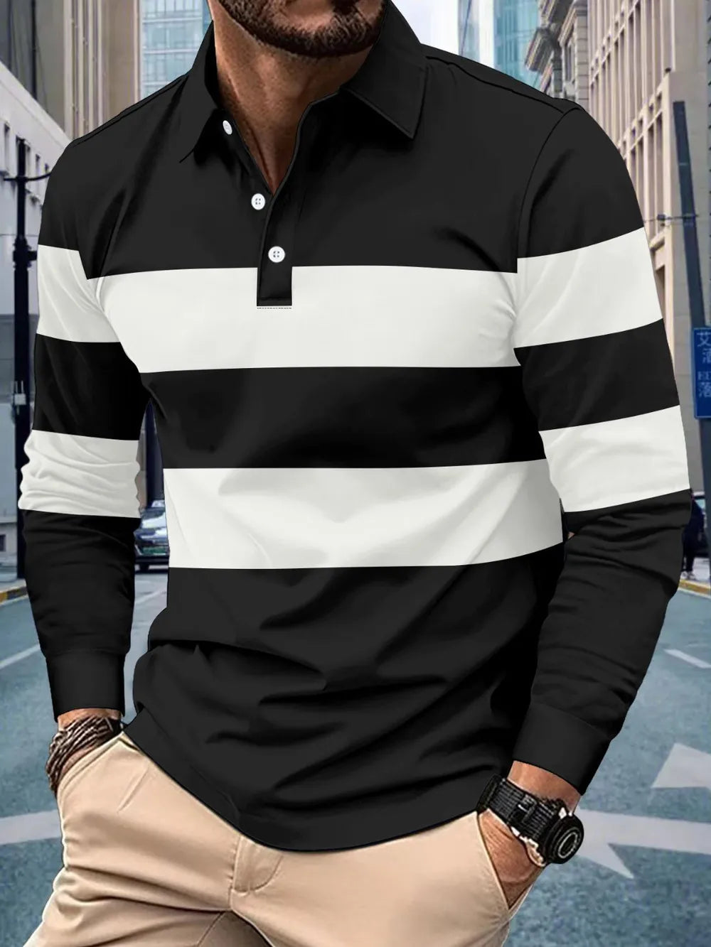 Men's Full Size Collared Contrast Striped Polo Plus Size - Men's Polo shirt by Trendsi | Available at Handbags Specialist Headquarter