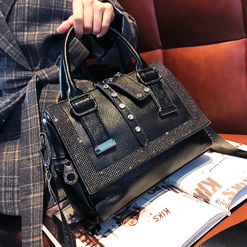 Rhinestone Luxe: Spacious Cowhide Leather Handbag