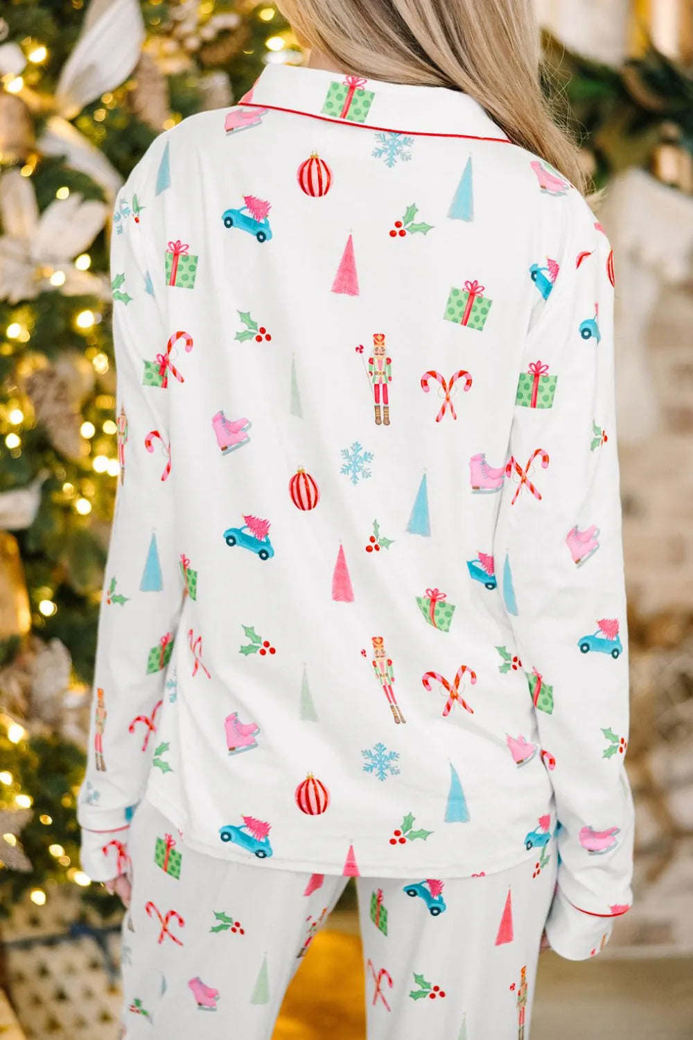 Christmas Printed Collared Neck Top and Pants Lounge Set - Sleepwear by Trendsi | Available at Handbags Specialist Headquarter