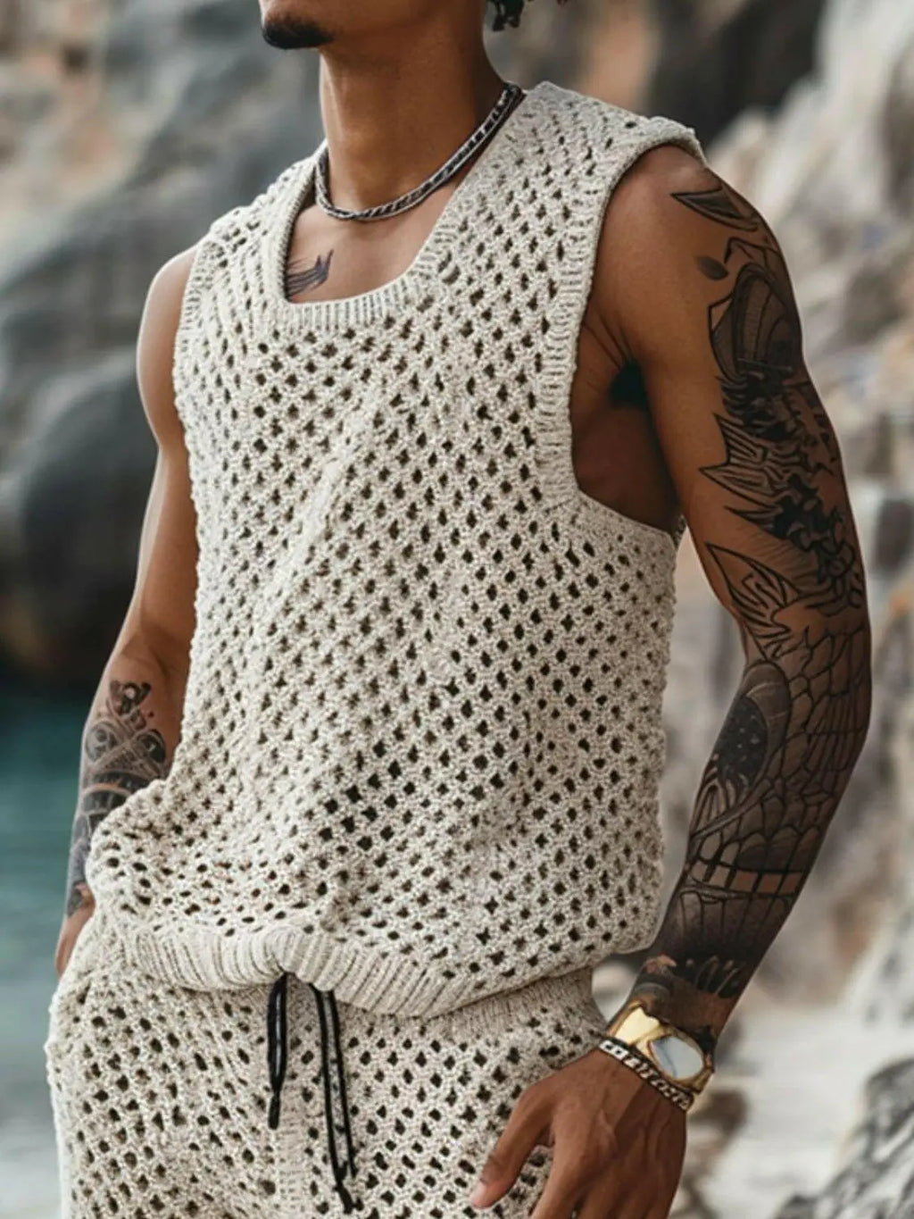 Men's Plus Size Hollow Out Round Neck Tank and Shorts Set - Men's Sets by Trendsi | Available at Handbags Specialist Headquarter