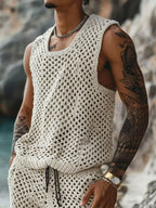 Men's Plus Size Hollow Out Round Neck Tank and Shorts Set - Men's Sets by Trendsi | Available at Handbags Specialist Headquarter