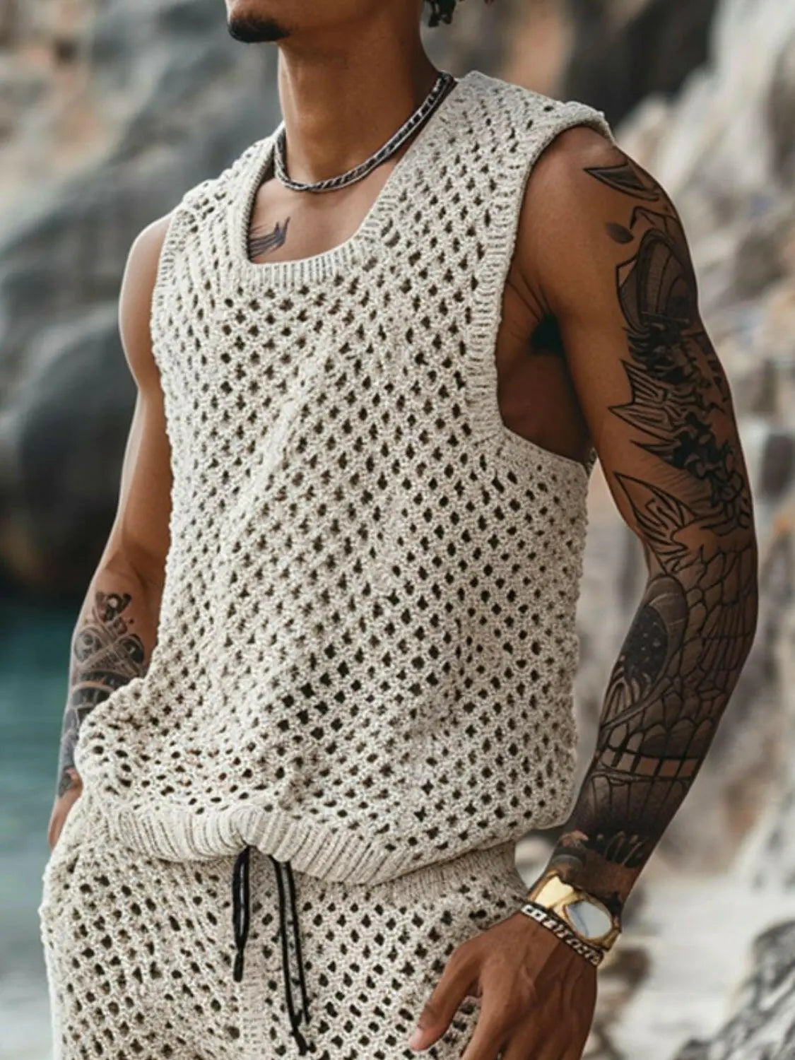 Men's Plus Size Hollow Out Round Neck Tank and Shorts Set - Men's Sets by Trendsi | Available at Handbags Specialist Headquarter