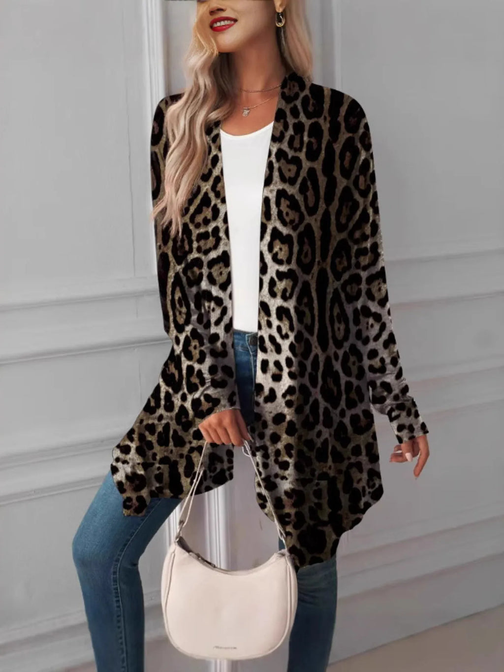 Leopard Print Long Open Front Cardigan - Tops by Trendsi | Available at Handbags Specialist Headquarter