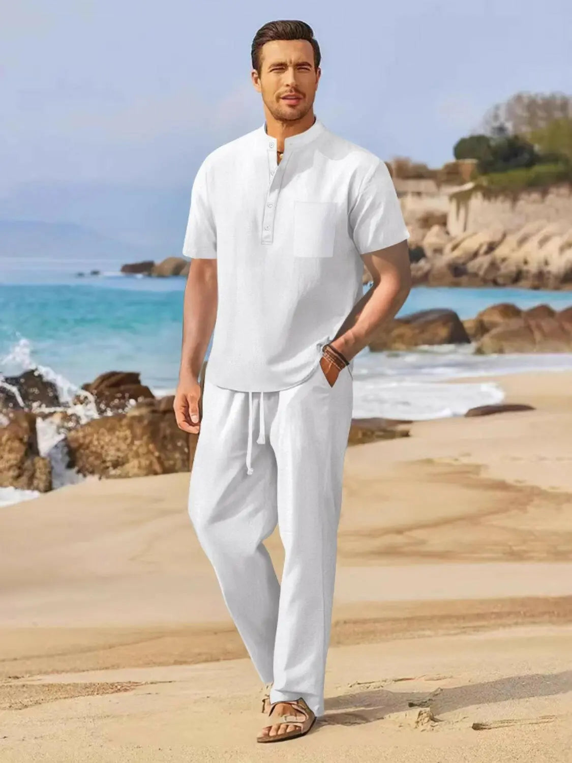 Men's Full Size Half Button Top and Drawstring Pants Set Plus Size - Men's Sets by Trendsi | Available at Handbags Specialist Headquarter