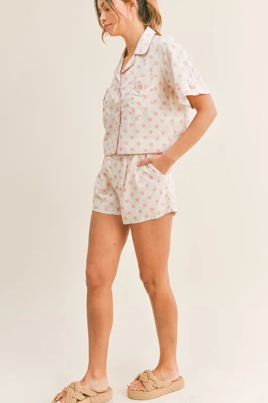 MABLE Polka Dot Collar Crop Top and Short Lounge Set - Sleepwear by Trendsi | Available at Handbags Specialist Headquarter