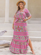 Plus Size Printed V-Neck Half Sleeve Top and Skirt Set -  by Trendsi | Available at Handbags Specialist Headquarter