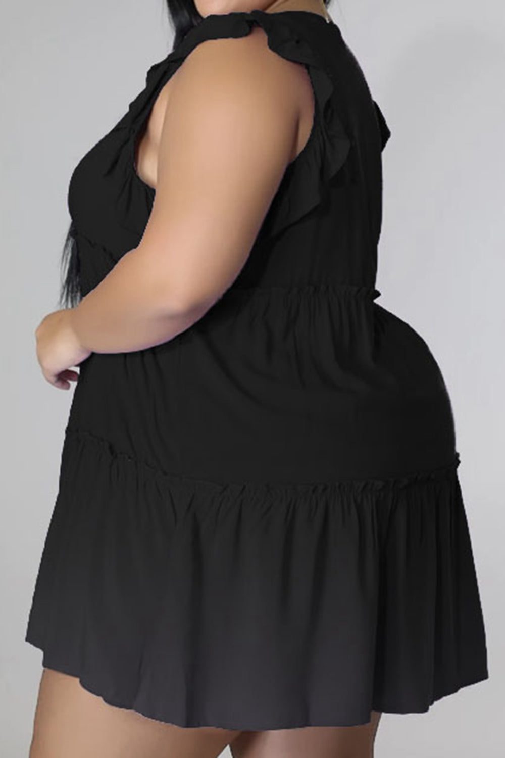 Plus Size V-Neck Frill Trim Mini Dress - Dresses by Trendsi | Available at Handbags Specialist Headquarter