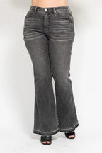 Judy Blue Full Size Mid Rise Tummy Control Washed Gray Release Hem Flare Jeans Plus Size - Women / Jeans & Denim by Trendsi | Available at Handbags Specialist Headquarter