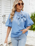Denim Bow Tie Puff Sleeve Top - Tops by Trendsi | Available at Handbags Specialist Headquarter
