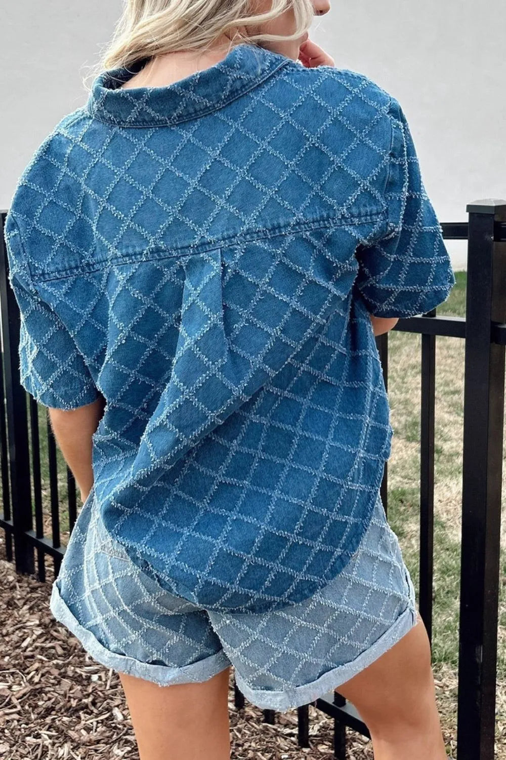 Pocketed Collared Neck Short Sleeve Denim Shirt - Women / Jeans & Denim by Trendsi | Available at Handbags Specialist Headquarter