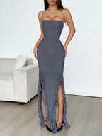 Ruffle Hem Lace Up Bodycon Cami Dress - Maxi Dress by Trendsi | Available at Handbags Specialist Headquarter