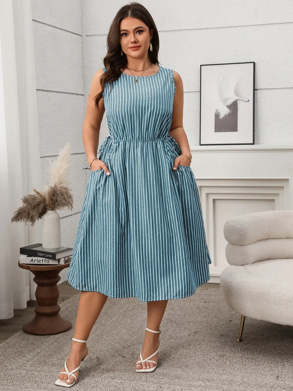 Plus Size Striped Round Neck Sleeveless Dress - Dresses by Trendsi | Available at Handbags Specialist Headquarter