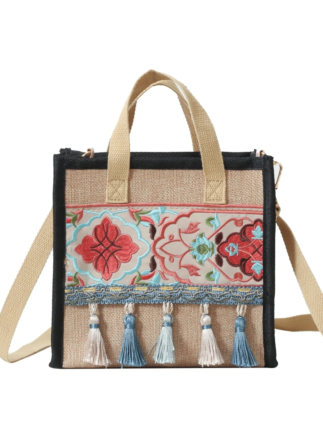 Vintage Embroidered Tassel Handbag with Canvas Strap - handbags by Trendsi | Available at Handbags Specialist Headquarter