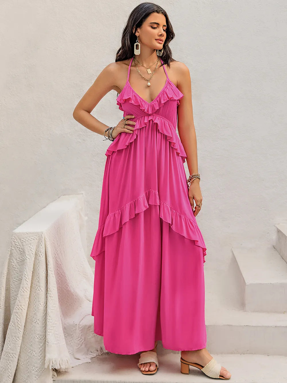 Ruffled Halter Neck Maxi Dress - Maxi Dress by Trendsi | Available at Handbags Specialist Headquarter