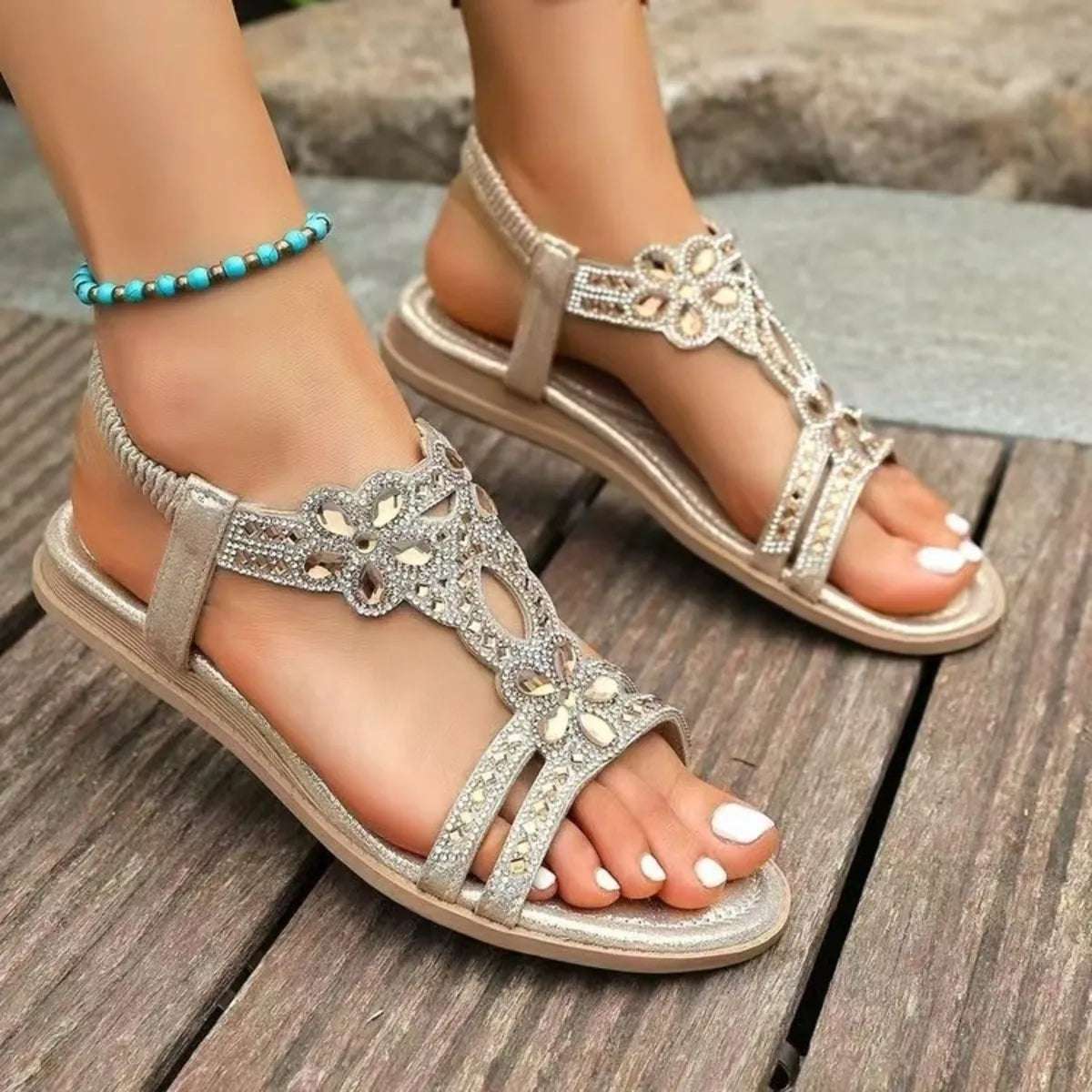 Rhinestone Embellished Flower Flat Sandals - Women Sandals by Trendsi | Available at Handbags Specialist Headquarter