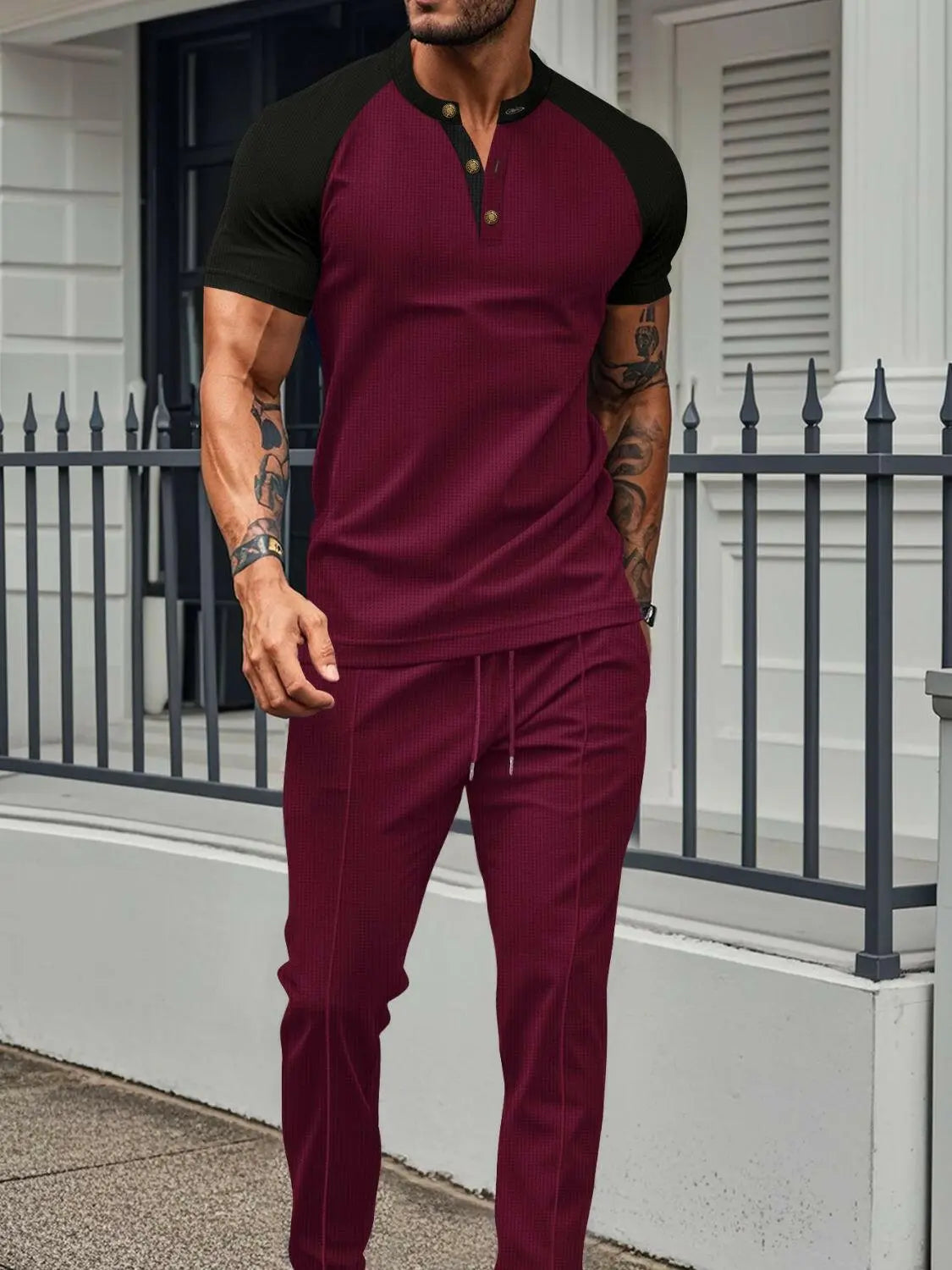 Men's Full Size Waffle-Knit Contrast Top and Drawstring Pants Set Plus Size - Men's Sets by Trendsi | Available at Handbags Specialist Headquarter