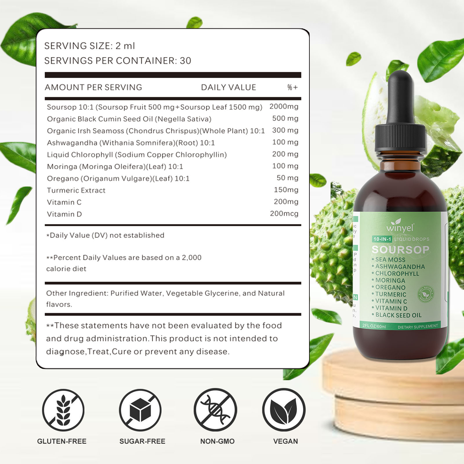 Soursop Drops 10-in-1 Herbal Extracts, 2 Fl Oz