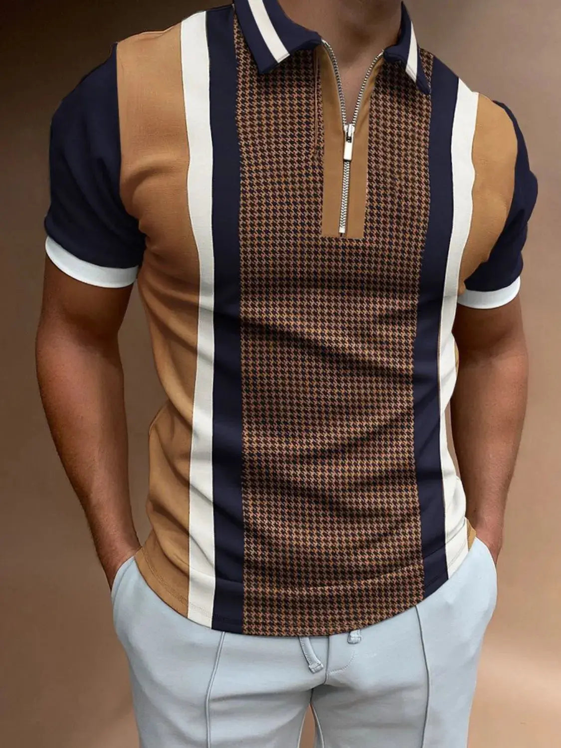 Men's Full Size Quarter Zip Short Sleeve Polo Plus Size - Men's Tops by Trendsi | Available at Handbags Specialist Headquarter