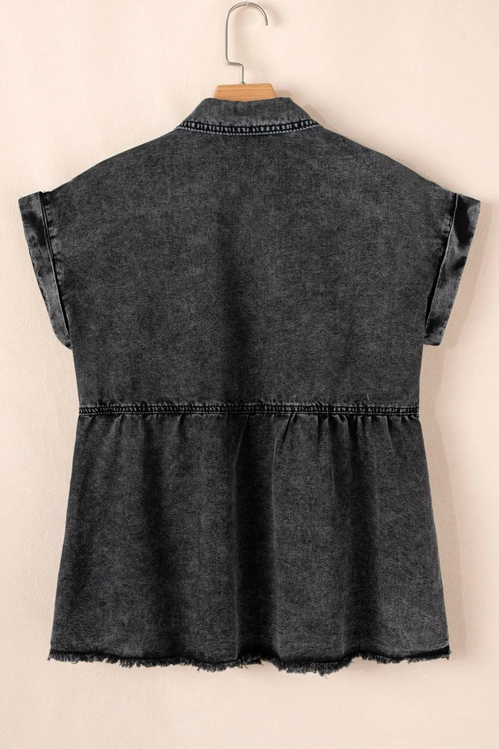 Short Sleeve Flap Pocket Button Up Raw Hem Denim Shirt - Women / Jeans & Denim by Trendsi | Available at Handbags Specialist Headquarter