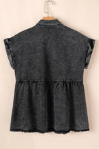 Short Sleeve Flap Pocket Button Up Raw Hem Denim Shirt - Women / Jeans & Denim by Trendsi | Available at Handbags Specialist Headquarter