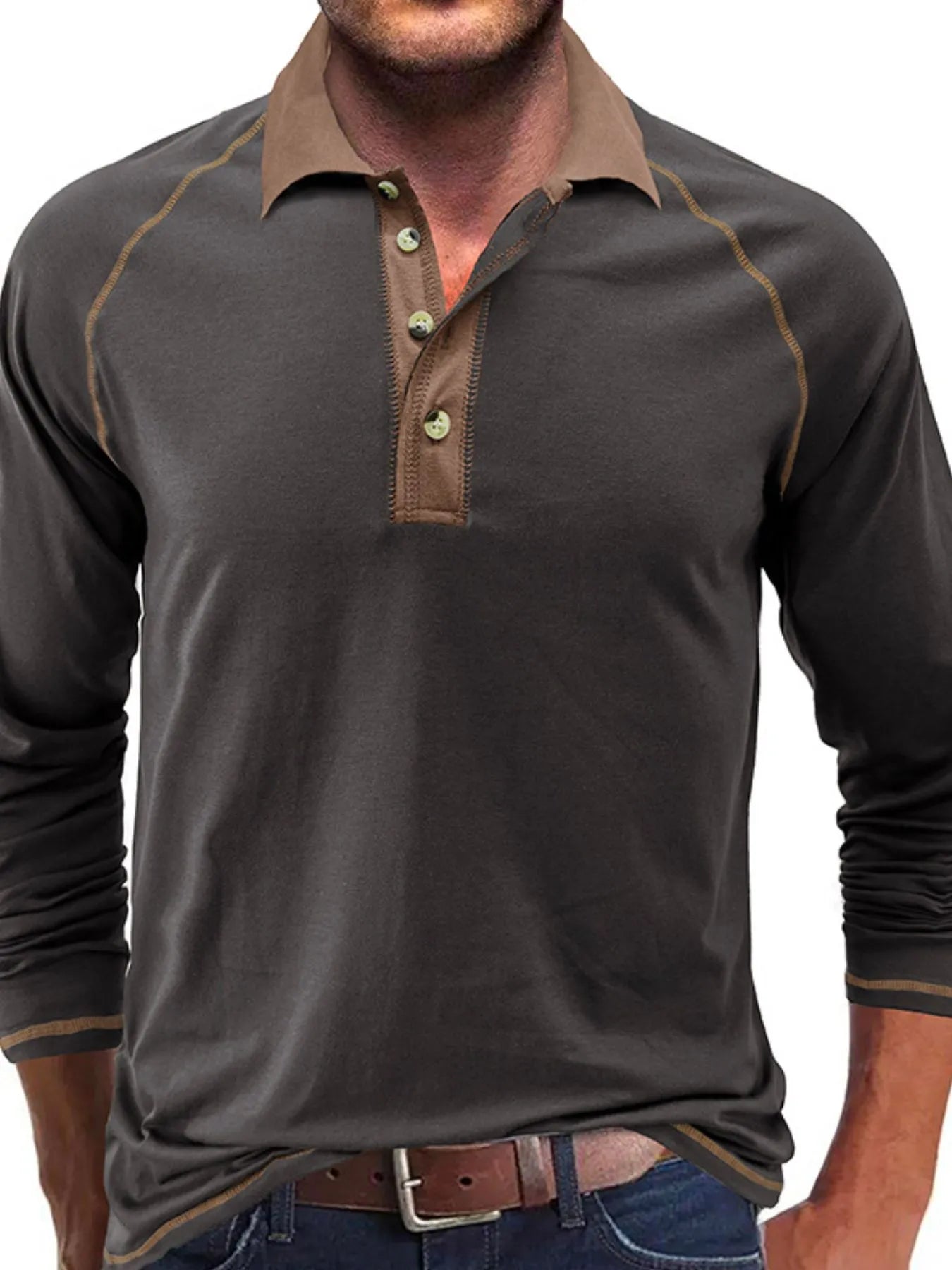 Men's Contrast Collar Long Sleeve Polo Shirt - Men's Polo shirt by Trendsi | Available at Handbags Specialist Headquarter
