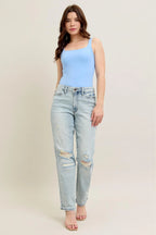 Judy Blue Full Size Mr Repair Stitch Detail Destroy Single Cuff Bf Jeans Plus Size - Women / Jeans & Denim by Trendsi | Available at Handbags Specialist Headquarter