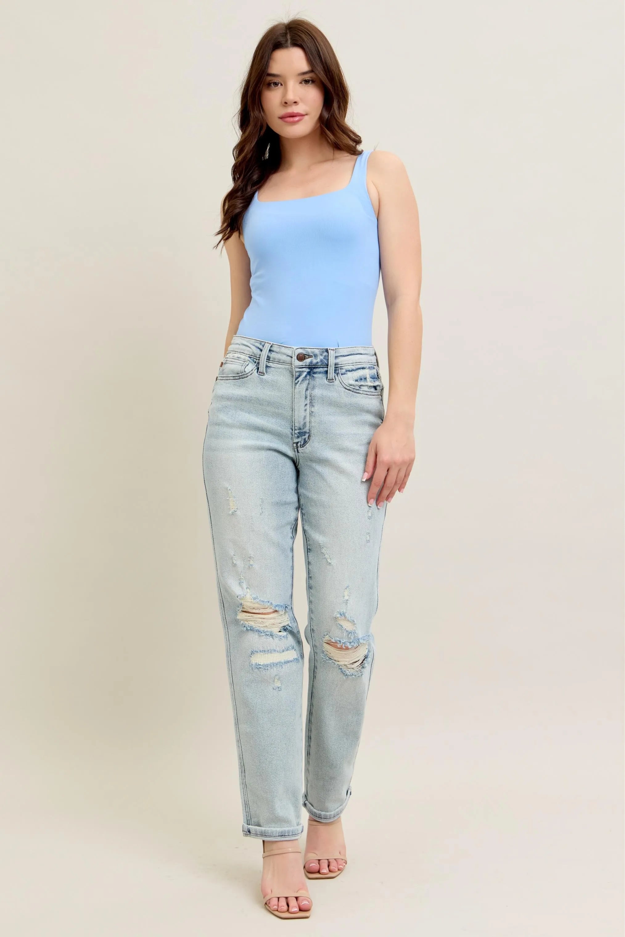 Judy Blue Full Size Mr Repair Stitch Detail Destroy Single Cuff Bf Jeans Plus Size - Women / Jeans & Denim by Trendsi | Available at Handbags Specialist Headquarter
