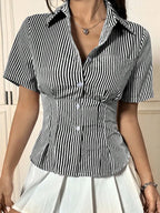 Button Down Short Sleeve Shirt - Women's Down Shirt Tops by Trendsi | Available at Handbags Specialist Headquarter