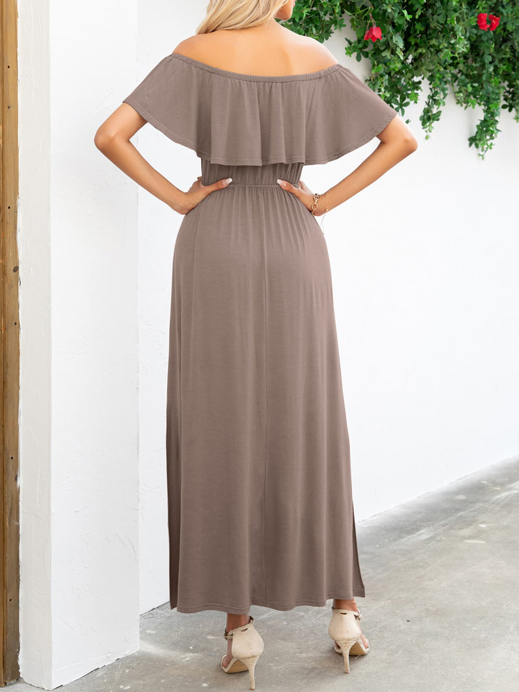 Off-Shoulder Slit Maxi Dress - Maxi Dress by Trendsi | Available at Handbags Specialist Headquarter