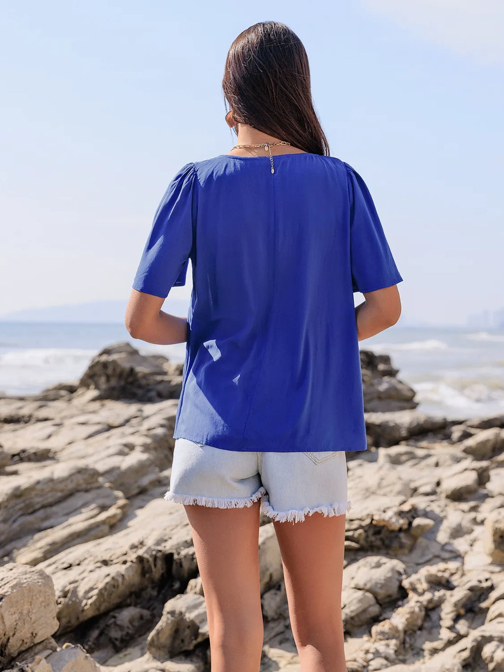 Lace Detail Tie Neck Short Sleeve Top - Tops by Trendsi | Available at Handbags Specialist Headquarter