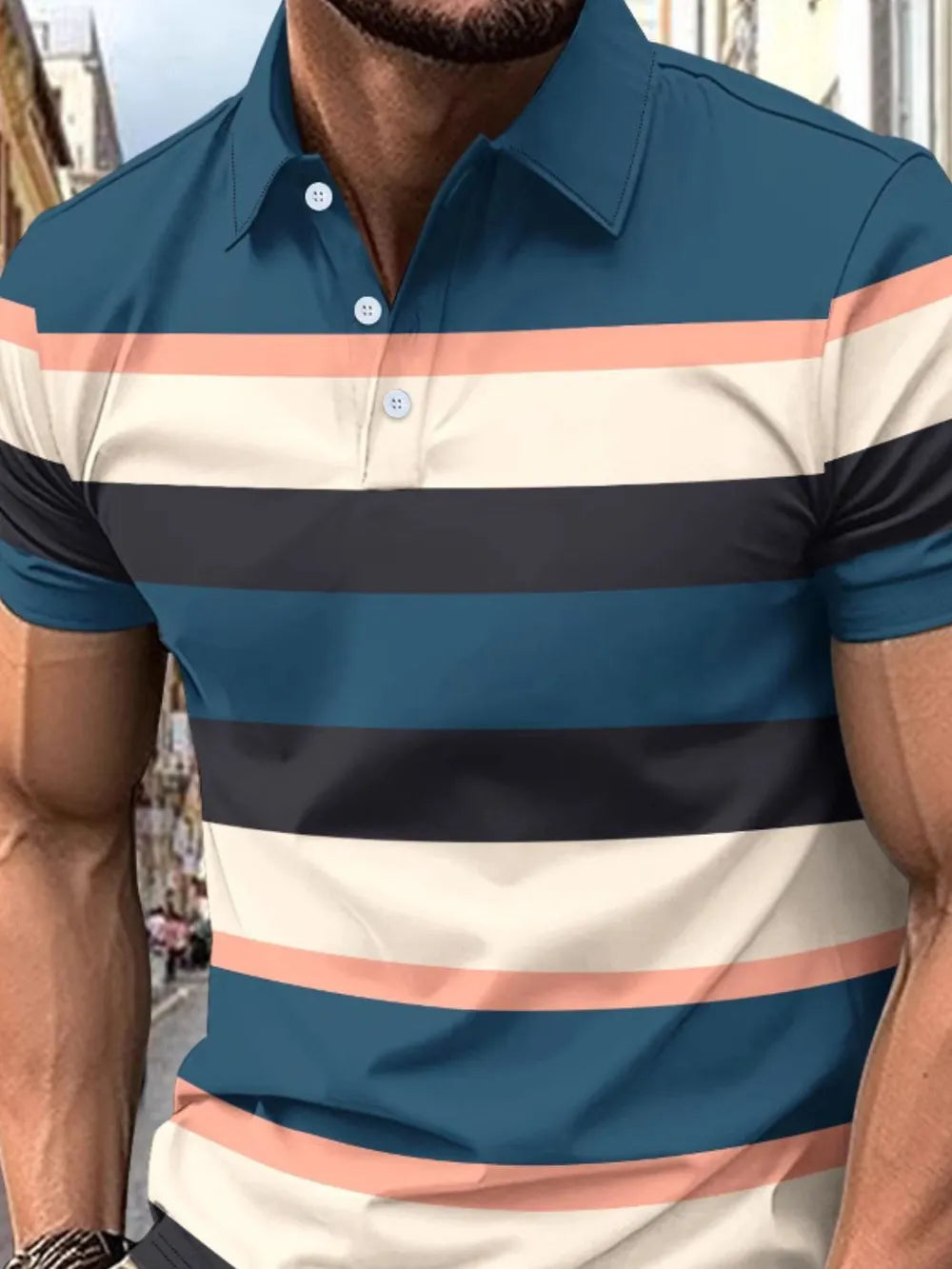 Men's Full Size Collared Short Sleeve Striped Polo Plus Size - Men's Polo shirt by Trendsi | Available at Handbags Specialist Headquarter