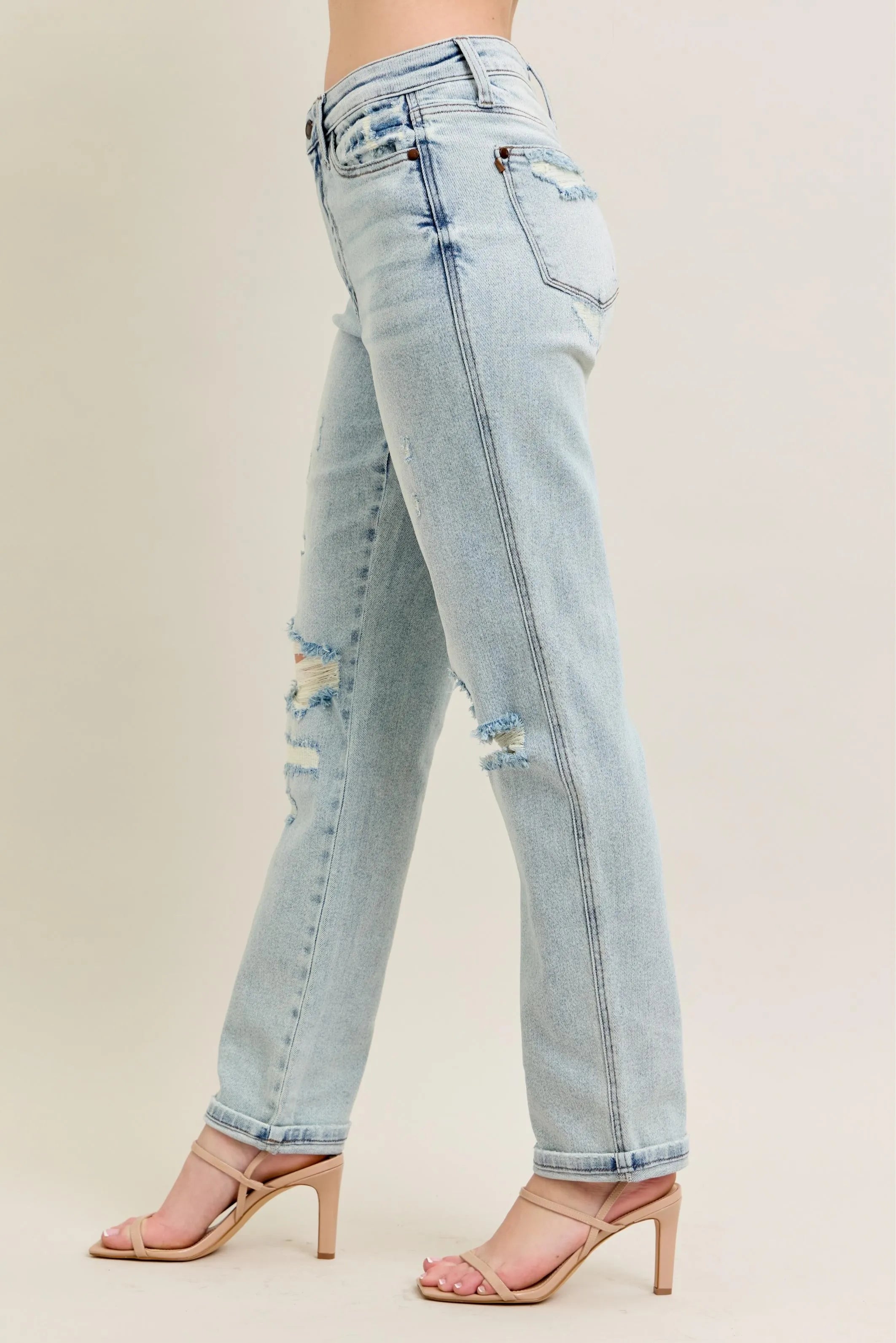 Judy Blue Full Size Mr Repair Stitch Detail Destroy Single Cuff Bf Jeans Plus Size - Women / Jeans & Denim by Trendsi | Available at Handbags Specialist Headquarter