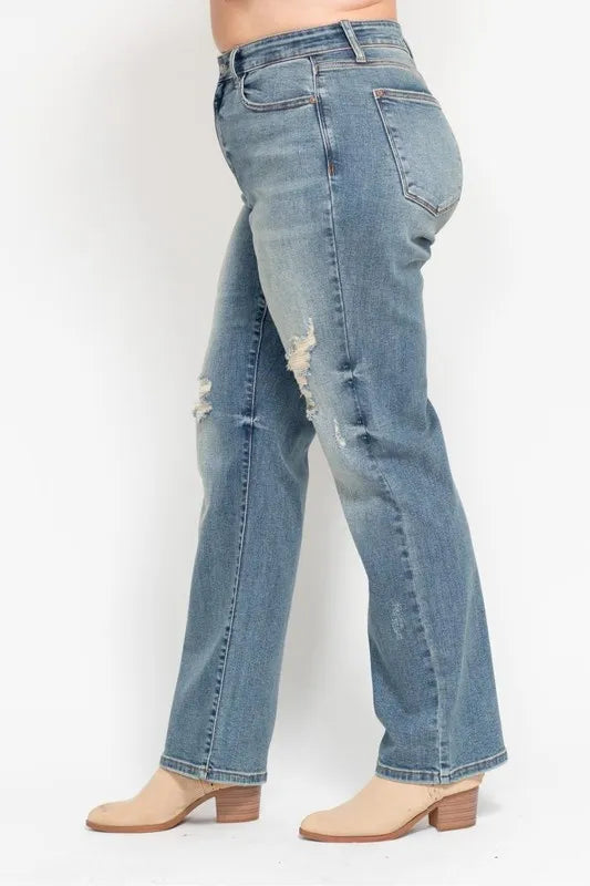 Judy Blue Full Size High Waist Distressed Dad Jean Plus Size - Women / Jeans & Denim by Trendsi | Available at Handbags Specialist Headquarter