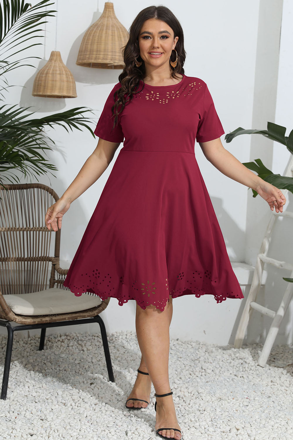 Plus Size Round Neck Openwork Dress - Dresses by Trendsi | Available at Handbags Specialist Headquarter